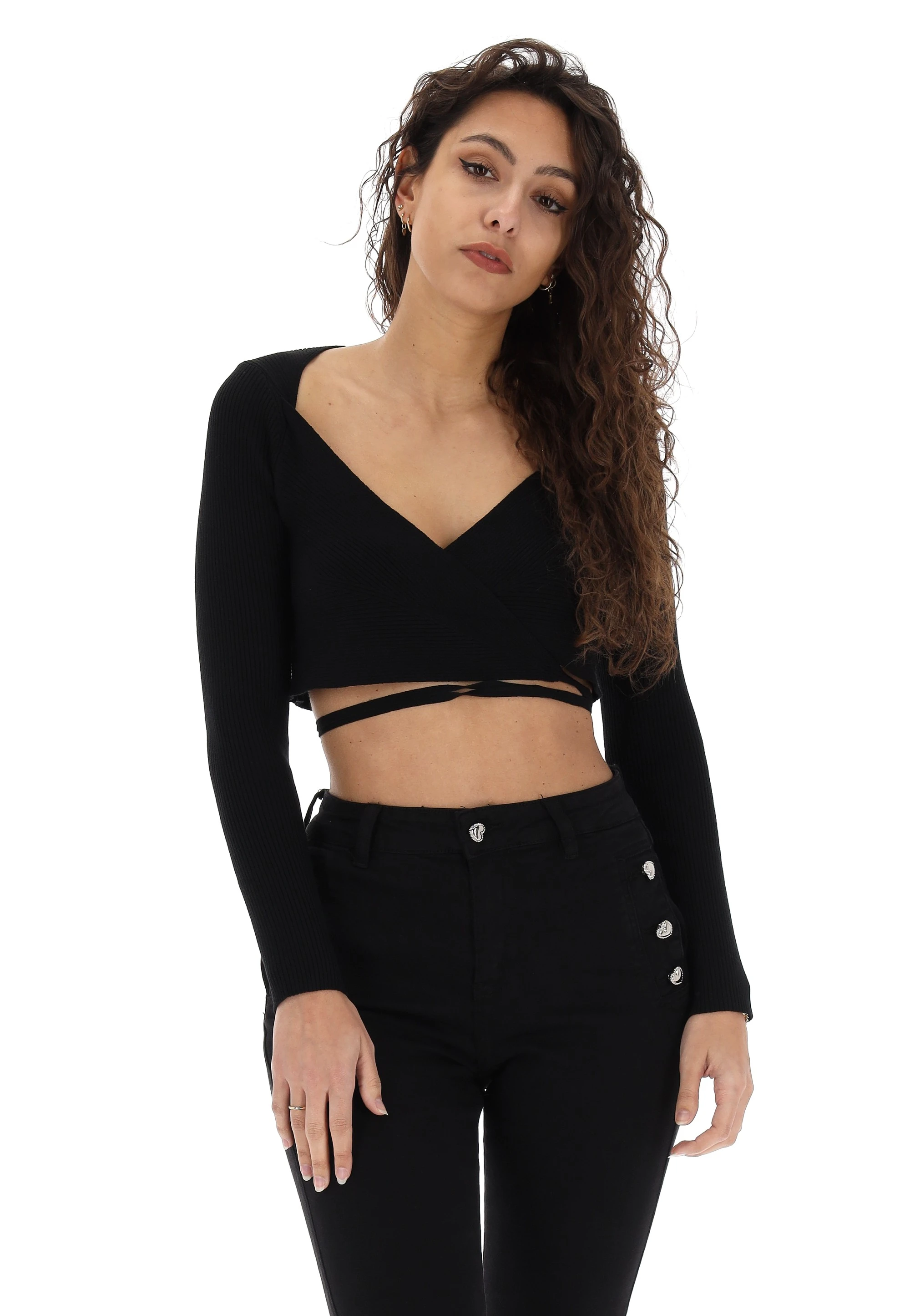 Maglia crop a costine incrociata con laccetti
